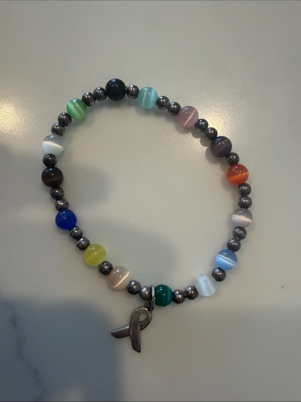 Multicolor Sterling Beaded Stretch Bracelet Ribbon Charm Breast Cancer Awareness
